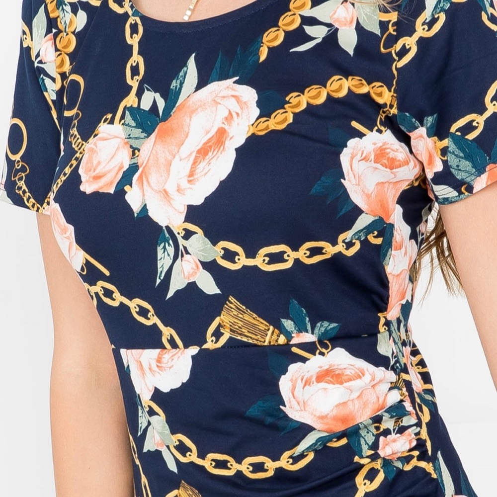 NAVY CHAIN PRINT ROUND NECKLINE RUCHED SURPLICE SIDE MINI DRESS - Picture 3 of 3